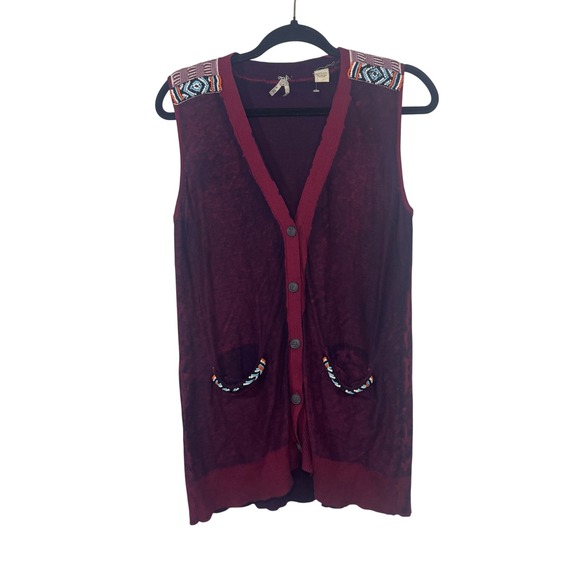 By BKE Burgundy Button Front Beaded Accents Cardigan Vest M Bohemian - Picture 1 of 7